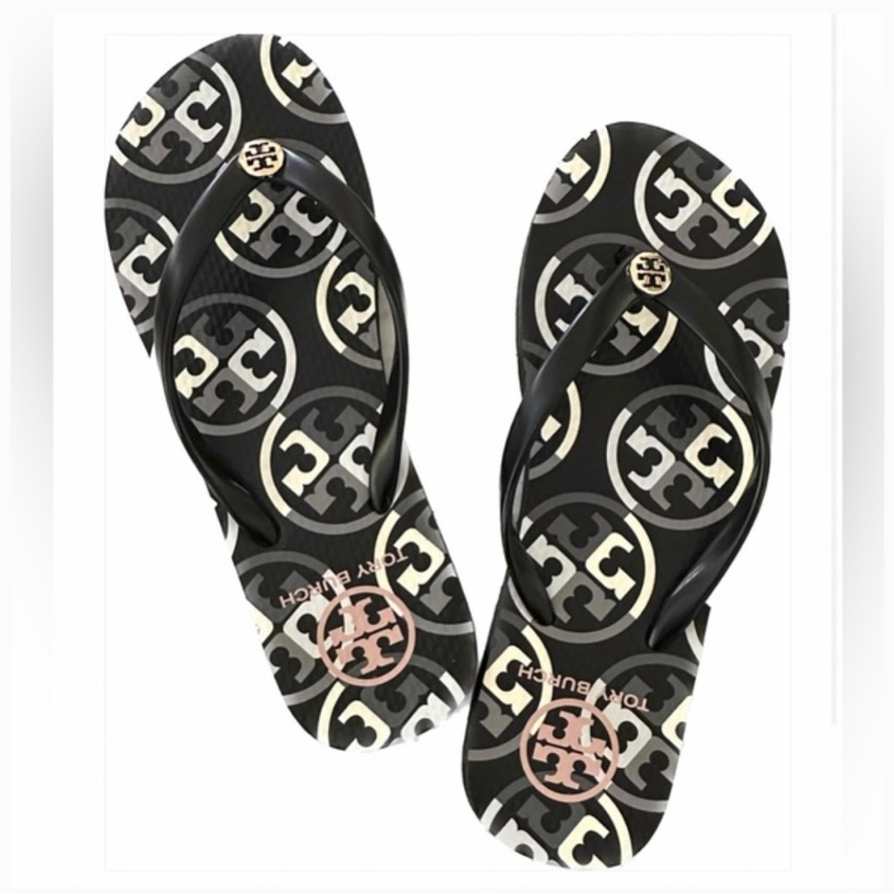 TORY BURCH Thin Thong Stacked T LOGO Flip Flops Black w/ Grey and White SIZE 7